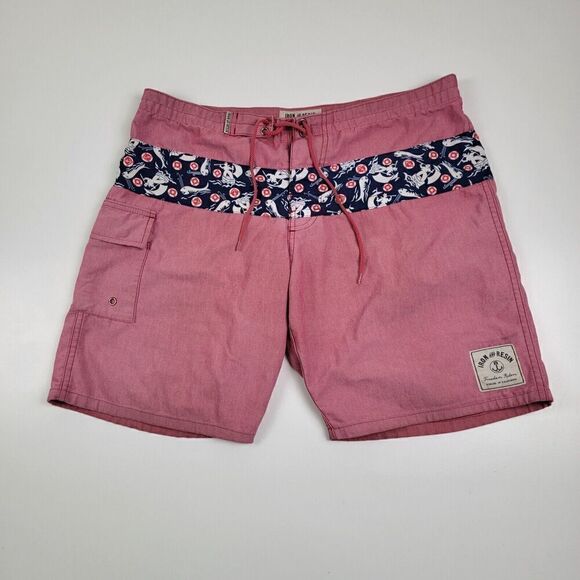 Iron And Resin Mens Sz 34 Swim Trunks Board Shorts Drawstring Red Pink Floral - Picture 1 of 8